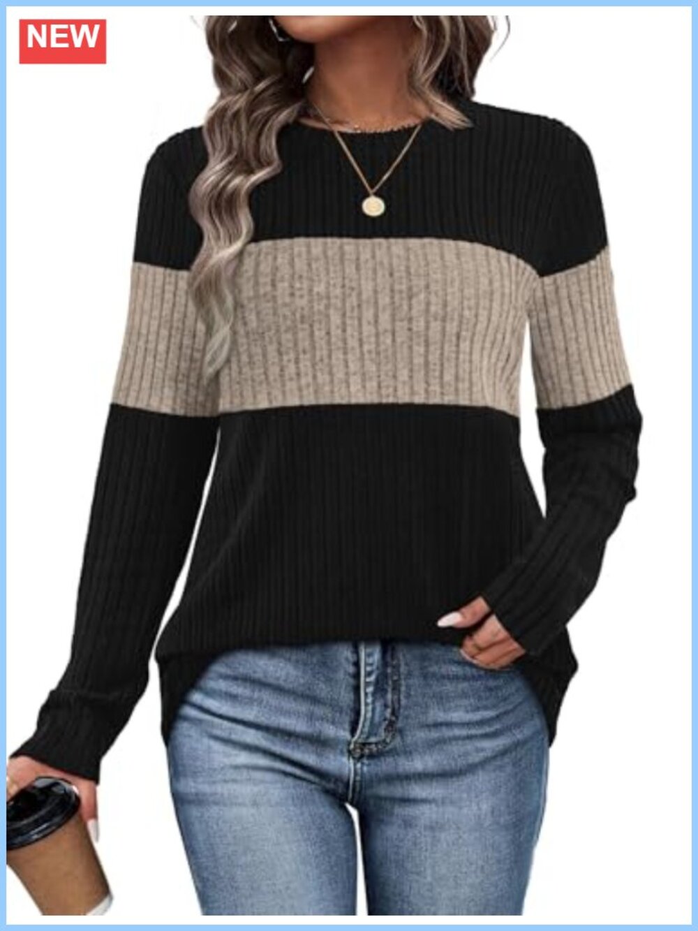 Womens Color Block Long Sleeve Tunic Sweater Crew Neck Pullover Loose Fit